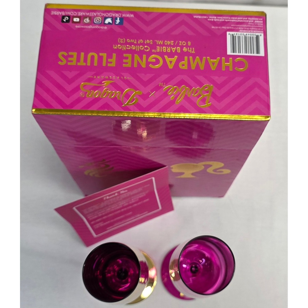 Barbie x Dragon Glassware Champagne Flutes Set of 2 Gold and Pink LimitedEdition - Picture 12 of 16